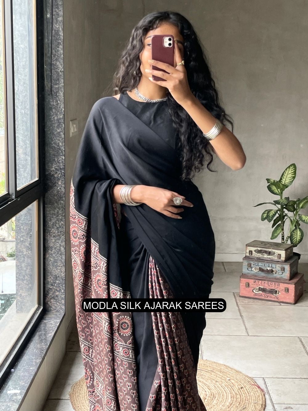Black Modal Silk Ajrakh Printed Saree with Traditional Heritage Pallu, Intricate Ethnic Motifs &amp; Tassel Detailing