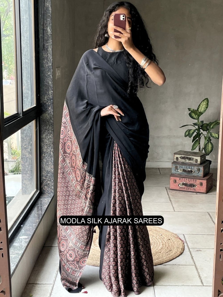 Black Modal Silk Ajrakh Printed Saree with Traditional Heritage Pallu, Intricate Ethnic Motifs &amp; Tassel Detailing