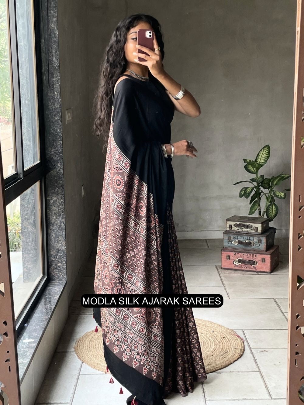 Black Modal Silk Ajrakh Printed Saree with Traditional Heritage Pallu, Intricate Ethnic Motifs &amp; Tassel Detailing