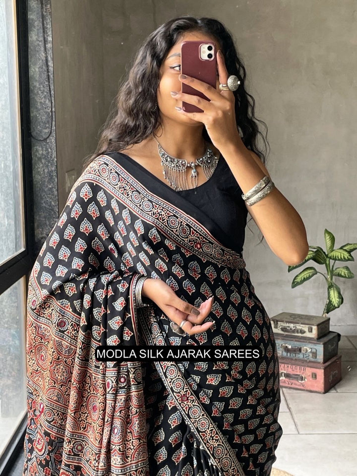 Black Modal Silk Ajrakh Printed Saree with Traditional Buta Motifs, Heritage Artistic Pallu &amp; Intricate Ethnic Border