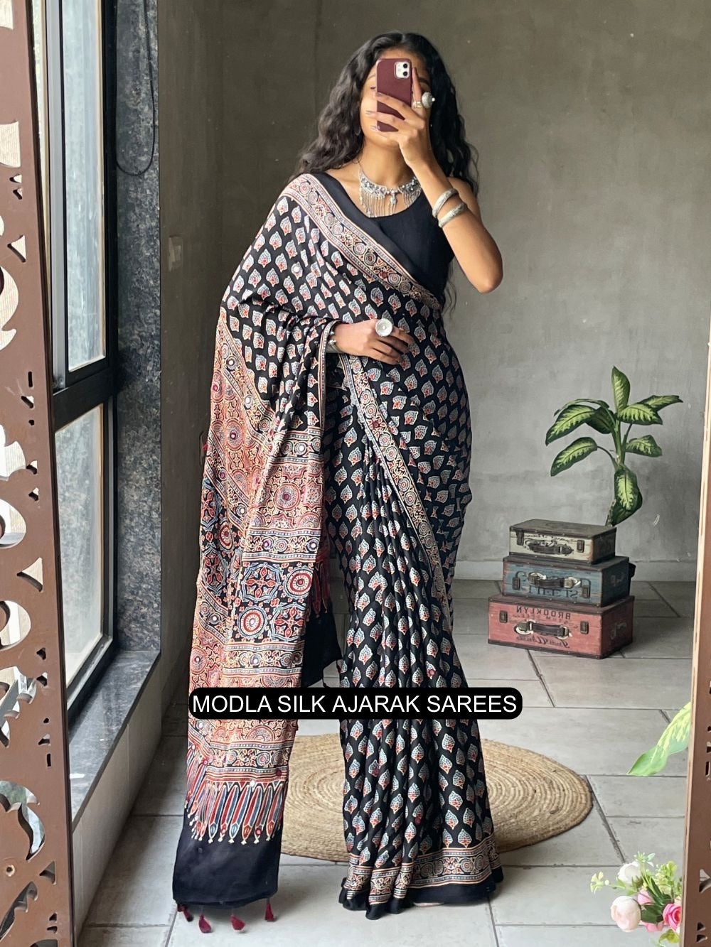 Black Modal Silk Ajrakh Printed Saree with Traditional Buta Motifs, Heritage Artistic Pallu &amp; Intricate Ethnic Border