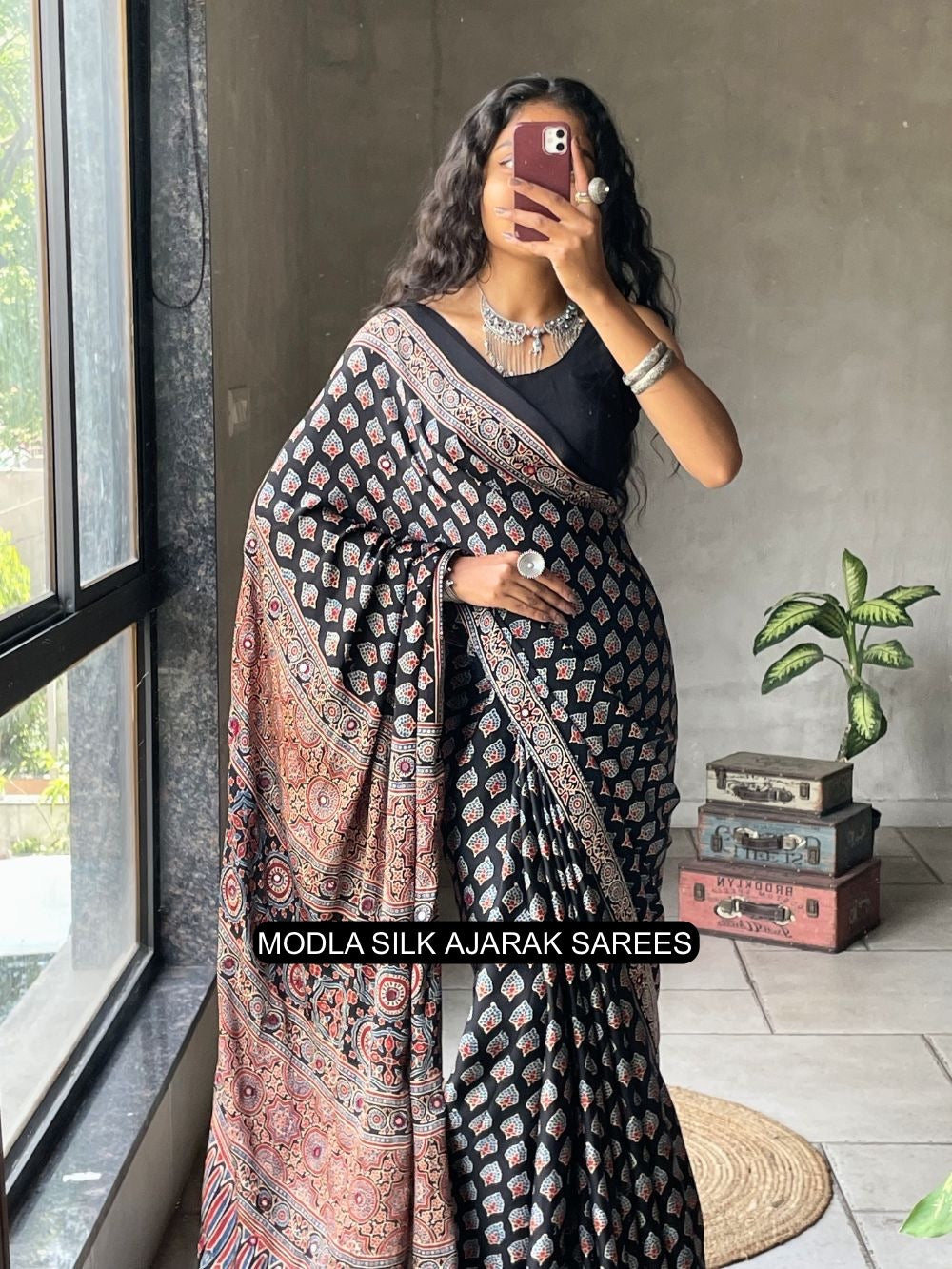 Black Modal Silk Ajrakh Printed Saree with Traditional Buta Motifs, Heritage Artistic Pallu &amp; Intricate Ethnic Border