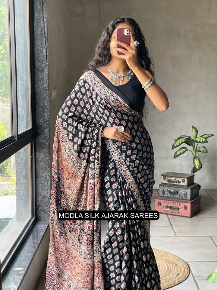 Black Modal Silk Ajrakh Printed Saree with Traditional Buta Motifs, Heritage Artistic Pallu &amp; Intricate Ethnic Border