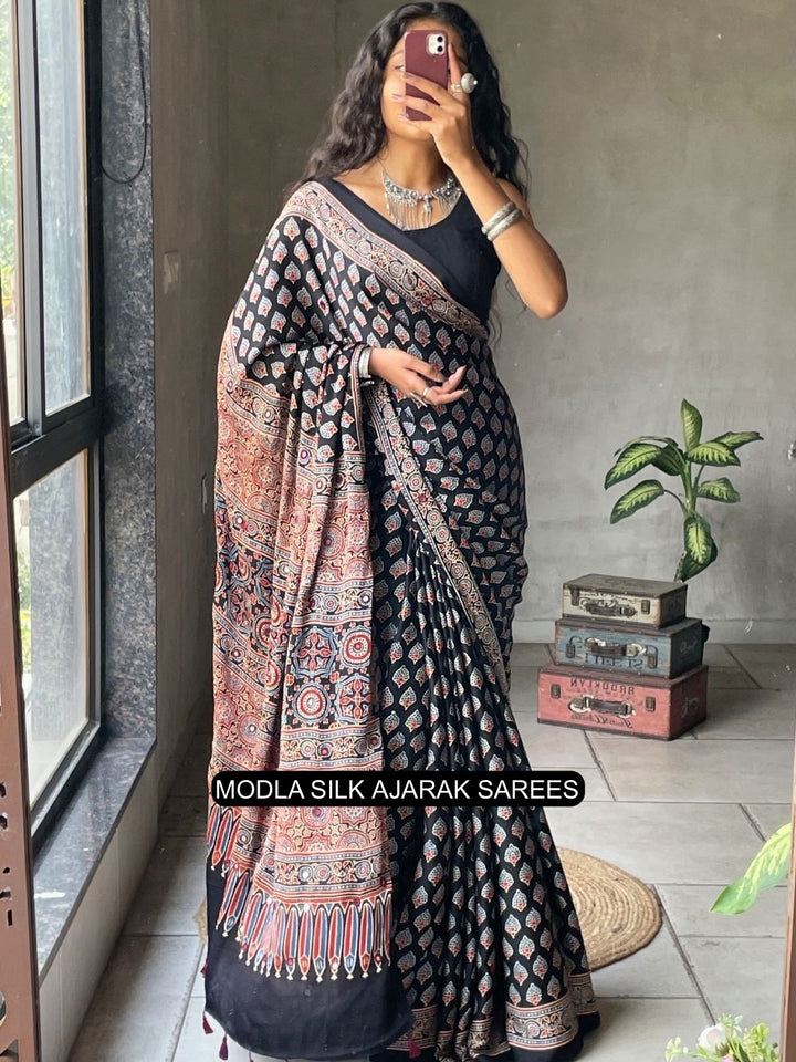 Black Modal Silk Ajrakh Printed Saree with Traditional Buta Motifs, Heritage Artistic Pallu &amp; Intricate Ethnic Border