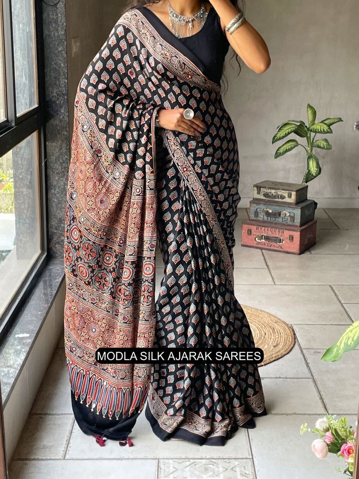 Black Modal Silk Ajrakh Printed Saree with Traditional Buta Motifs, Heritage Artistic Pallu &amp; Intricate Ethnic Border