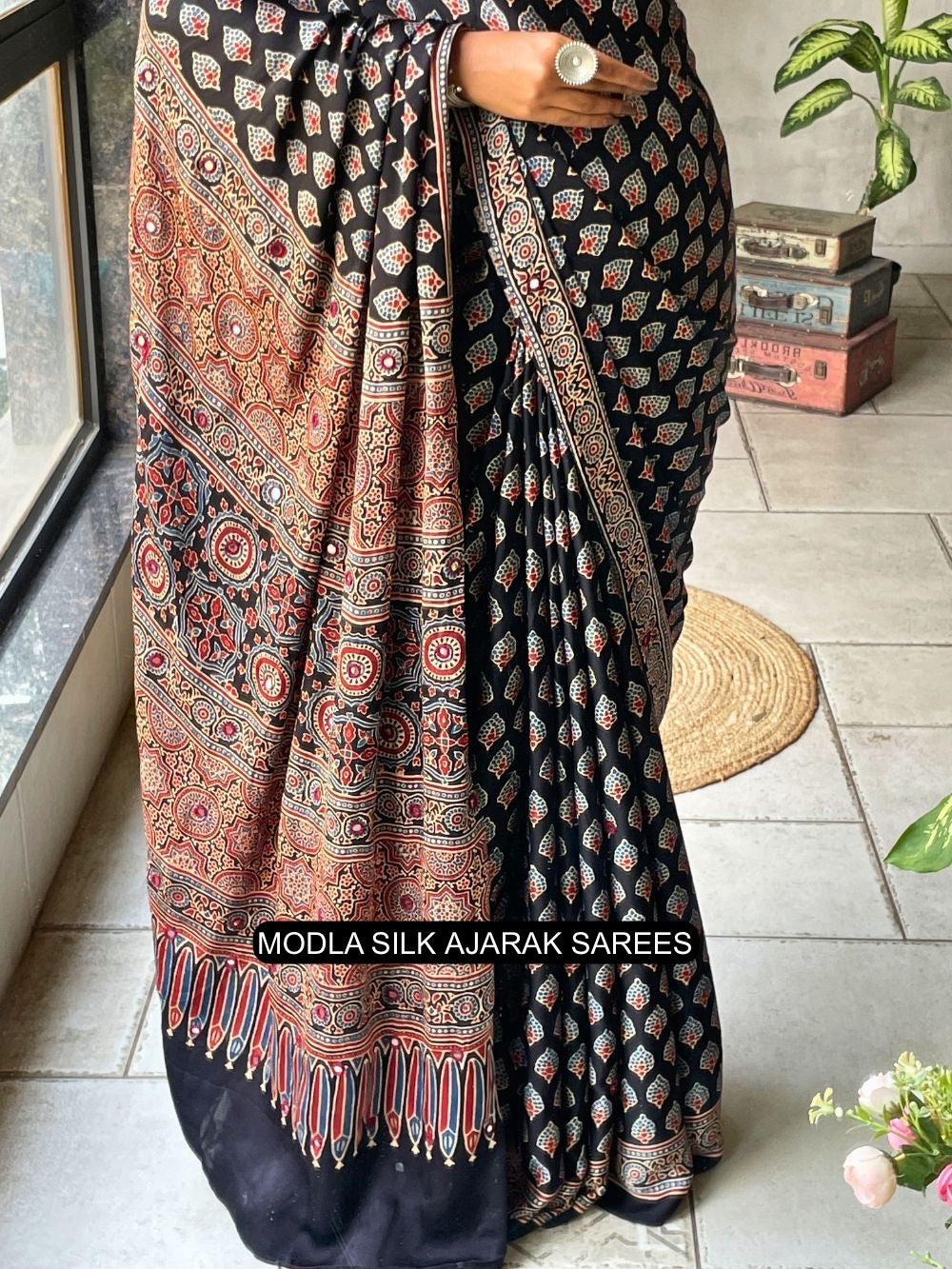 Black Modal Silk Ajrakh Printed Saree with Traditional Buta Motifs, Heritage Artistic Pallu &amp; Intricate Ethnic Border
