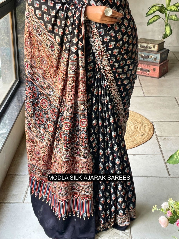Black Modal Silk Ajrakh Printed Saree with Traditional Buta Motifs, Heritage Artistic Pallu &amp; Intricate Ethnic Border