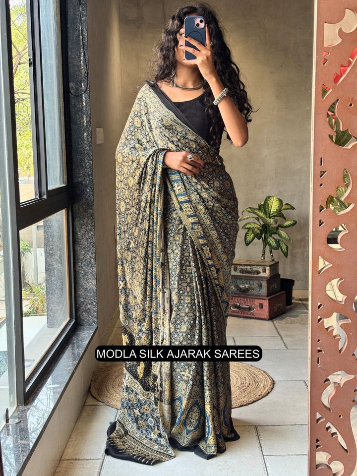 Black Modal Silk Ajrakh Printed Saree with Heritage Geometric Motifs, Traditional Border &amp; Artistic Ethnic Pallu