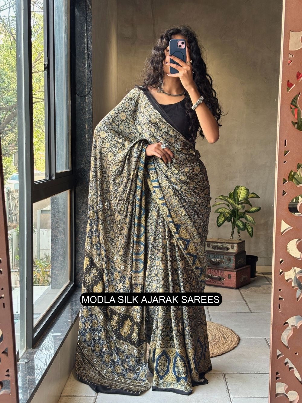 Black Modal Silk Ajrakh Printed Saree with Heritage Geometric Motifs, Traditional Border &amp; Artistic Ethnic Pallu