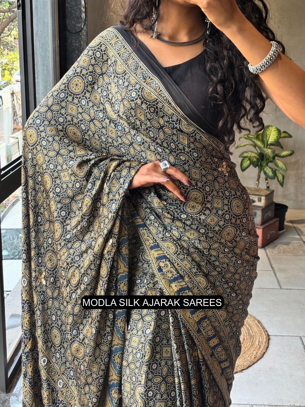 Black Modal Silk Ajrakh Printed Saree with Heritage Geometric Motifs, Traditional Border &amp; Artistic Ethnic Pallu
