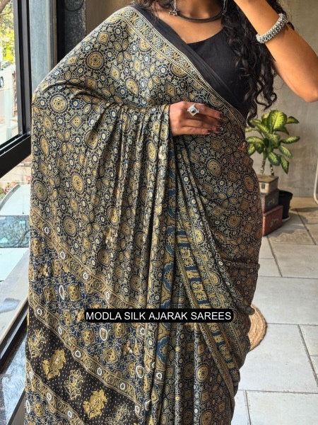 Black Modal Silk Ajrakh Printed Saree with Heritage Geometric Motifs, Traditional Border &amp; Artistic Ethnic Pallu