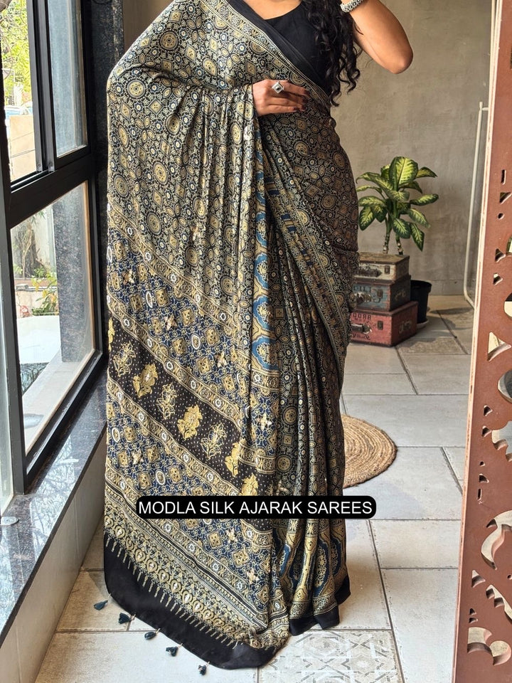 Black Modal Silk Ajrakh Printed Saree with Heritage Geometric Motifs, Traditional Border &amp; Artistic Ethnic Pallu
