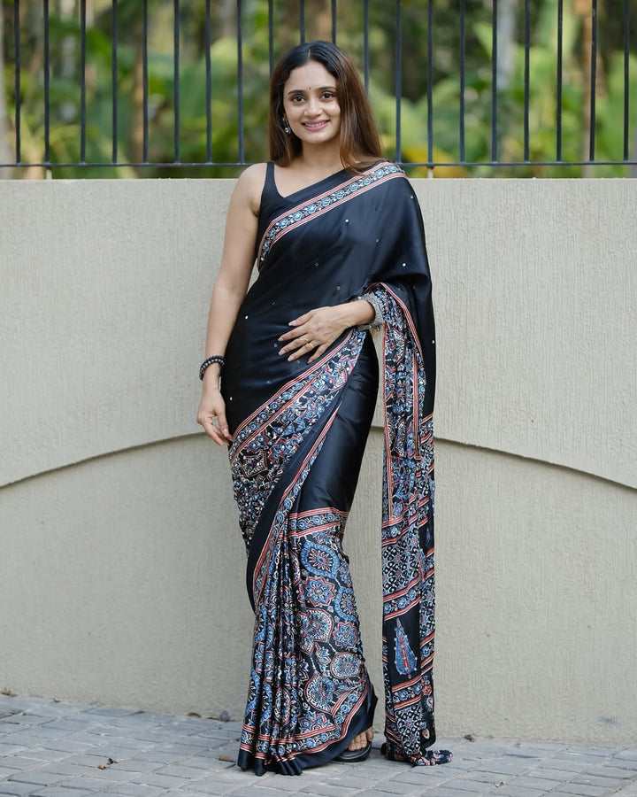 Black Ajrakh Printed Modal Silk Saree with Designer Pallu &amp; Attached Blouse | Traditional Ethnic, Festive &amp; Office Wear Saree