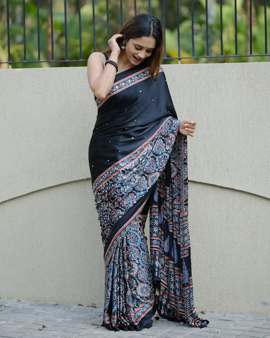 Black Ajrakh Printed Modal Silk Saree with Designer Pallu &amp; Attached Blouse | Traditional Ethnic, Festive &amp; Office Wear Saree