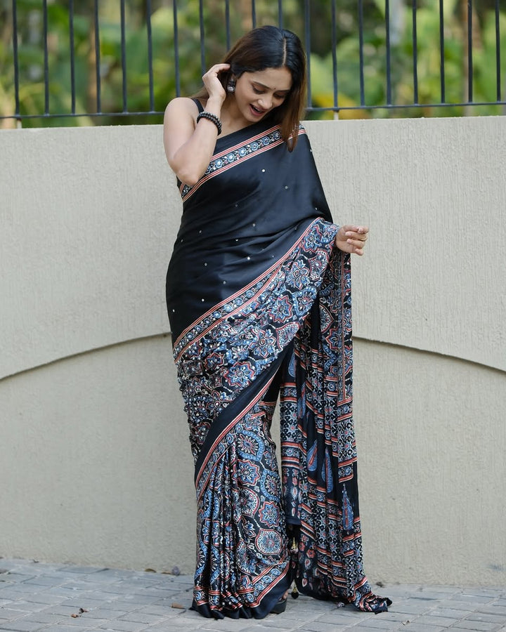 Black Ajrakh Printed Modal Silk Saree with Designer Pallu &amp; Attached Blouse | Traditional Ethnic, Festive &amp; Office Wear Saree