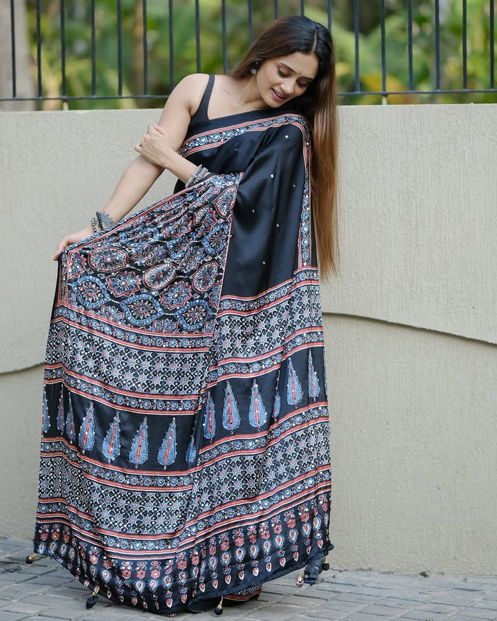 Black Ajrakh Printed Modal Silk Saree with Designer Pallu &amp; Attached Blouse | Traditional Ethnic, Festive &amp; Office Wear Saree