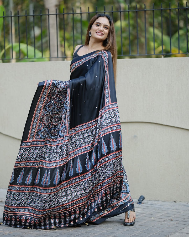 Black Ajrakh Printed Modal Silk Saree with Designer Pallu &amp; Attached Blouse | Traditional Ethnic, Festive &amp; Office Wear Saree
