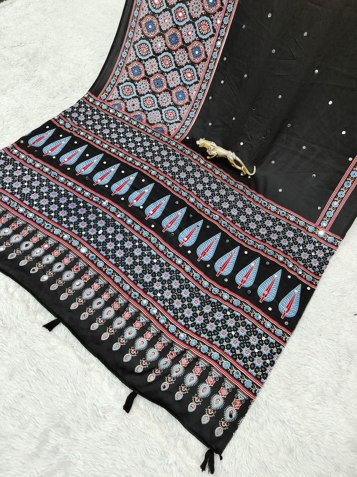 Black Ajrakh Printed Modal Silk Saree with Designer Pallu &amp; Attached Blouse | Traditional Ethnic, Festive &amp; Office Wear Saree