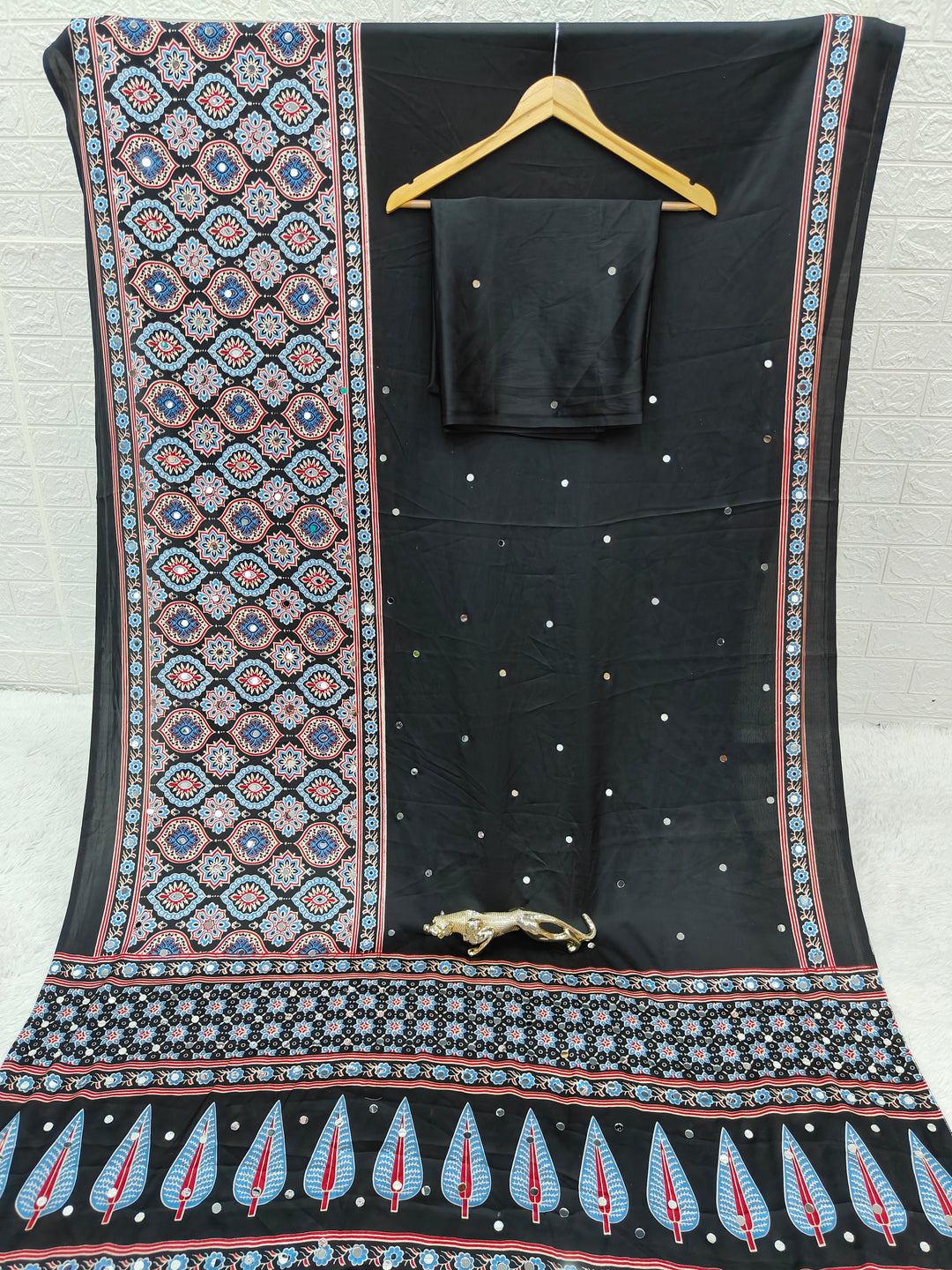 Black Ajrakh Printed Modal Silk Saree with Designer Pallu &amp; Attached Blouse | Traditional Ethnic, Festive &amp; Office Wear Saree