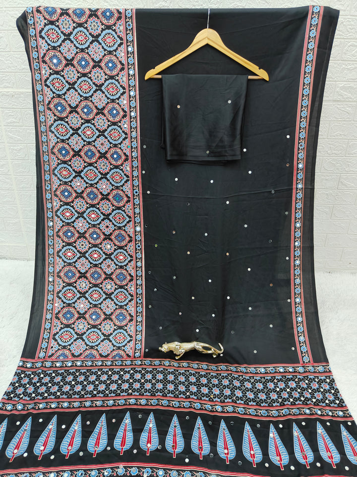 Black Ajrakh Printed Modal Silk Saree with Designer Pallu &amp; Attached Blouse | Traditional Ethnic, Festive &amp; Office Wear Saree