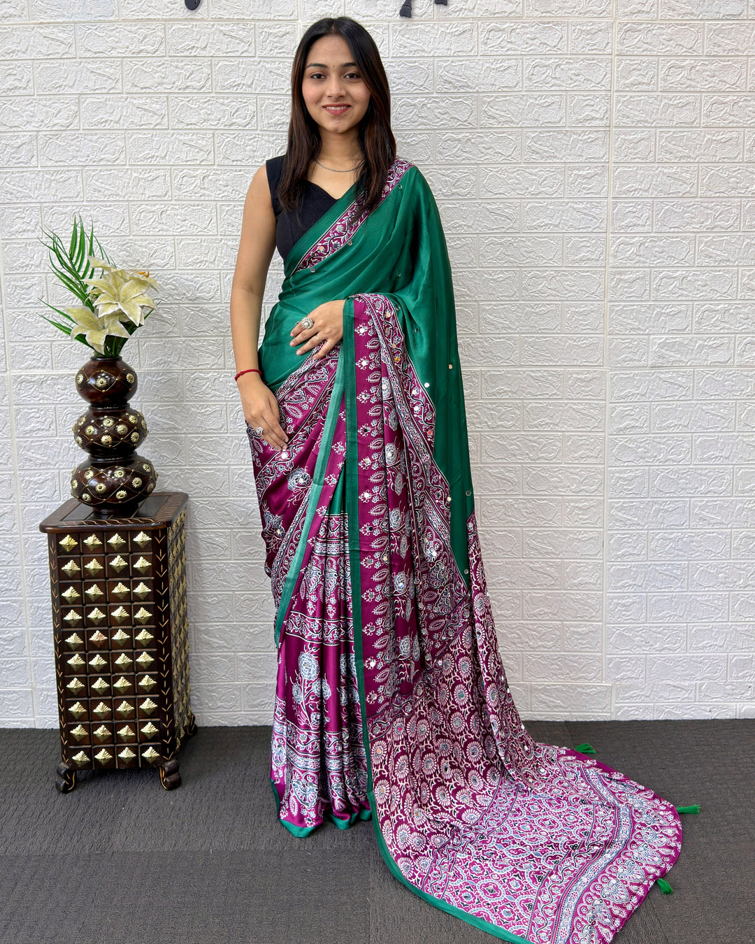 Emerald Green Ajrakh Printed Modal Silk Saree with Designer Pallu &amp; Tassels | Traditional Ethnic, Festive &amp; Office Wear Saree