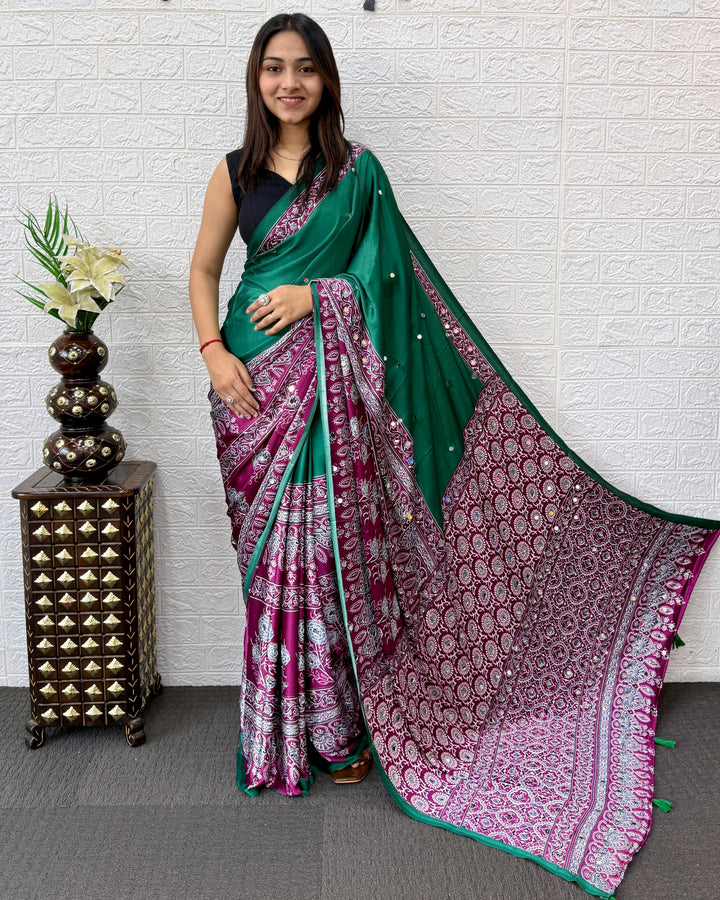 Emerald Green Ajrakh Printed Modal Silk Saree with Designer Pallu &amp; Tassels | Traditional Ethnic, Festive &amp; Office Wear Saree