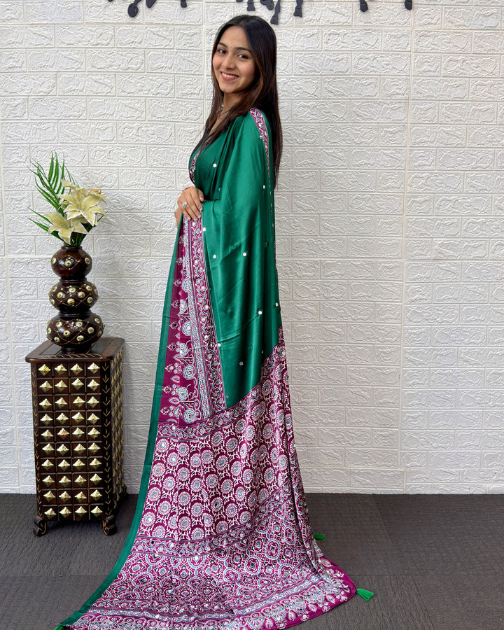 Emerald Green Ajrakh Printed Modal Silk Saree with Designer Pallu &amp; Tassels | Traditional Ethnic, Festive &amp; Office Wear Saree