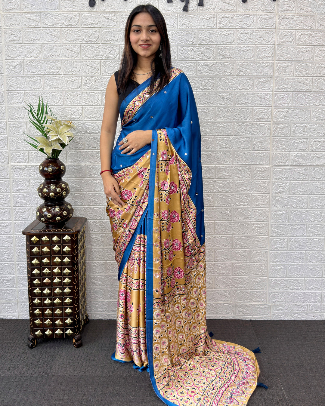 Royal Blue Modal Silk Saree with Beige Floral Printed Designer Pallu &amp; Tassels | Festive, Office Wear &amp; Traditional Ethnic Saree