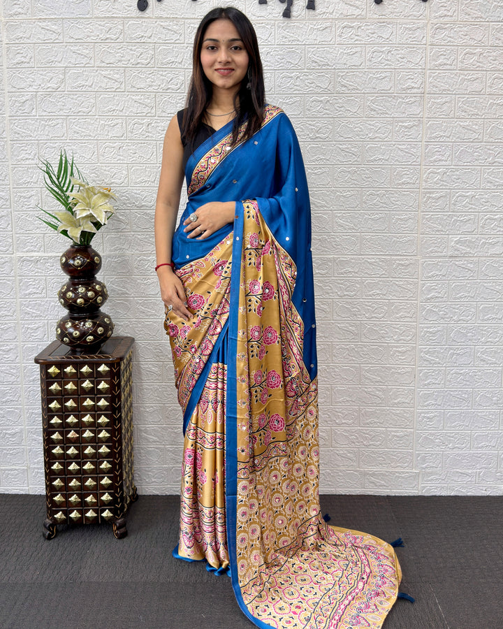 Royal Blue Modal Silk Saree with Beige Floral Printed Designer Pallu &amp; Tassels | Festive, Office Wear &amp; Traditional Ethnic Saree
