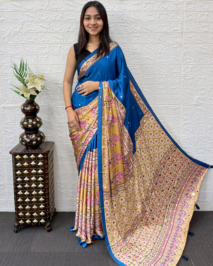 Royal Blue Modal Silk Saree with Beige Floral Printed Designer Pallu &amp; Tassels | Festive, Office Wear &amp; Traditional Ethnic Saree