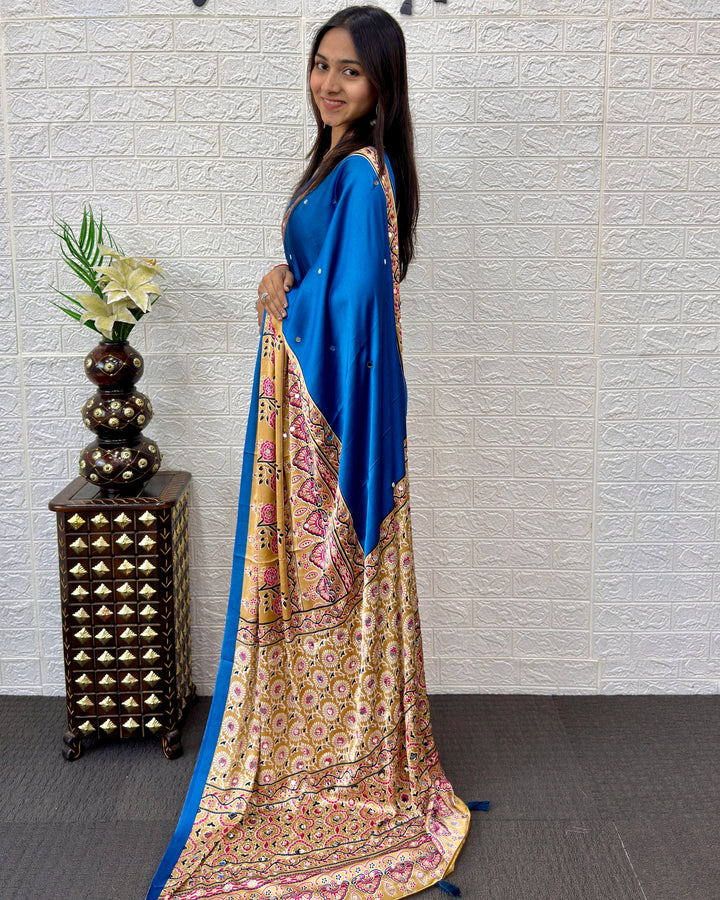 Royal Blue Modal Silk Saree with Beige Floral Printed Designer Pallu &amp; Tassels | Festive, Office Wear &amp; Traditional Ethnic Saree