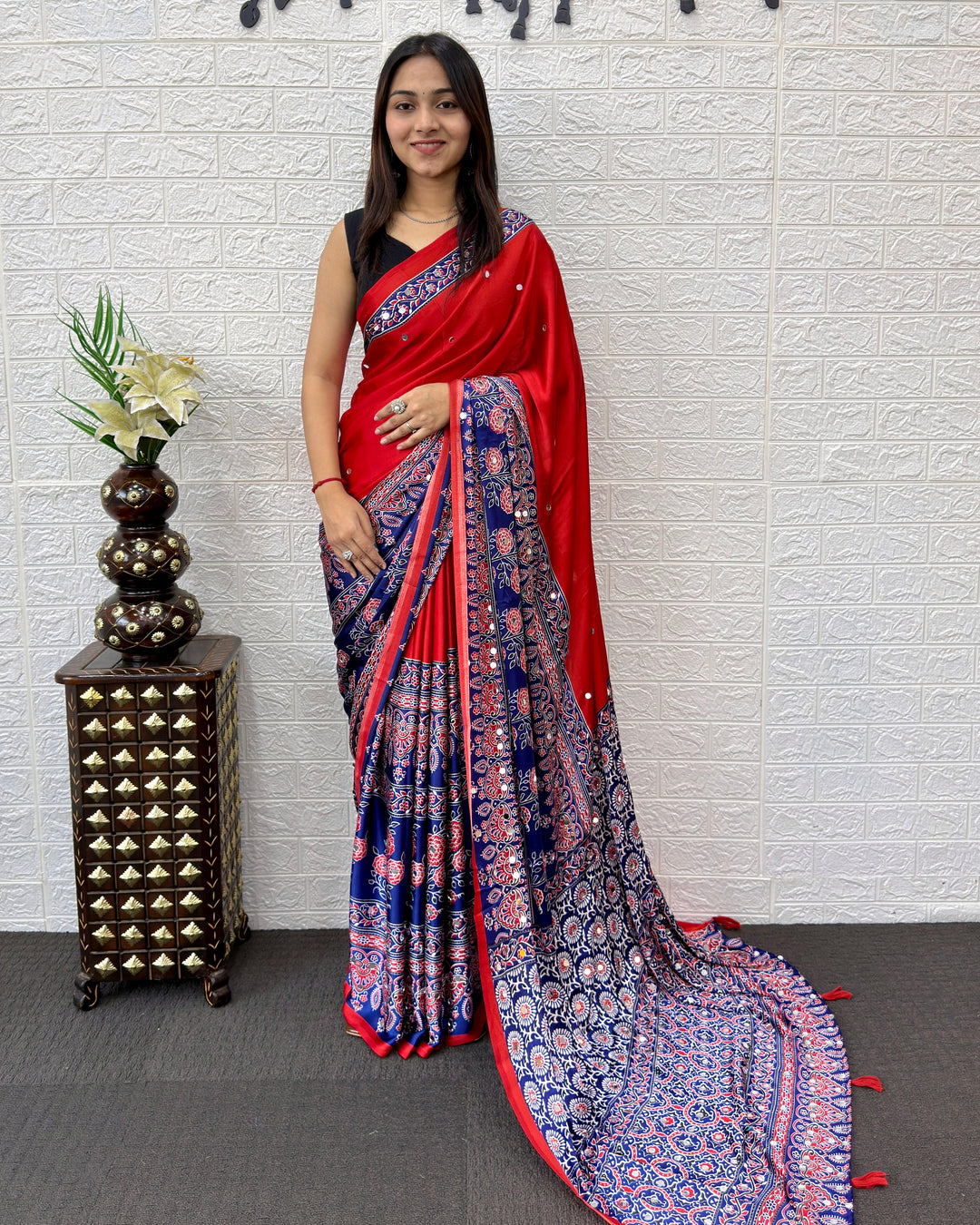 Scarlet Red Modal Silk Saree with Navy Blue Ajrakh Printed Designer Pallu &amp; Tassel Detailing | Festive &amp; Traditional Ethnic Wear Saree