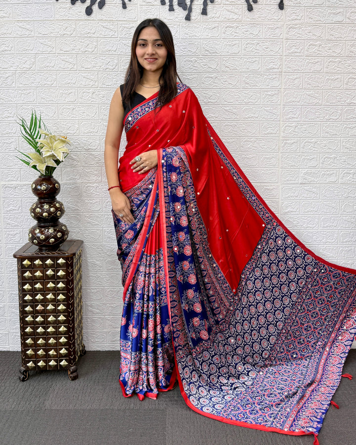 Scarlet Red Modal Silk Saree with Navy Blue Ajrakh Printed Designer Pallu &amp; Tassel Detailing | Festive &amp; Traditional Ethnic Wear Saree