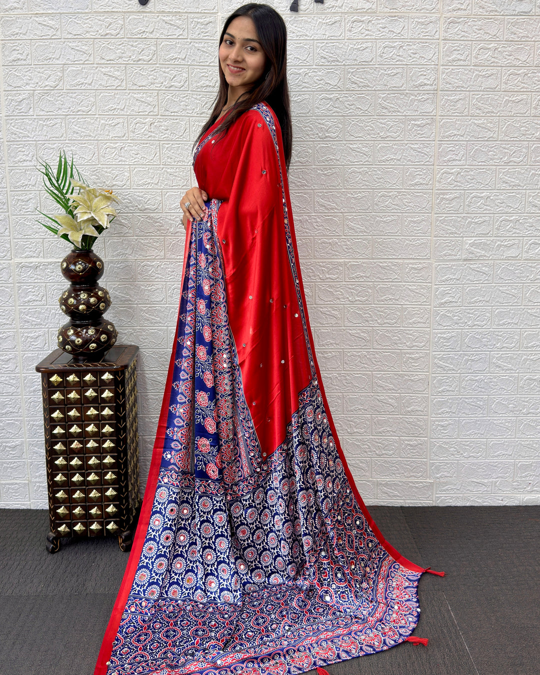 Scarlet Red Modal Silk Saree with Navy Blue Ajrakh Printed Designer Pallu &amp; Tassel Detailing | Festive &amp; Traditional Ethnic Wear Saree