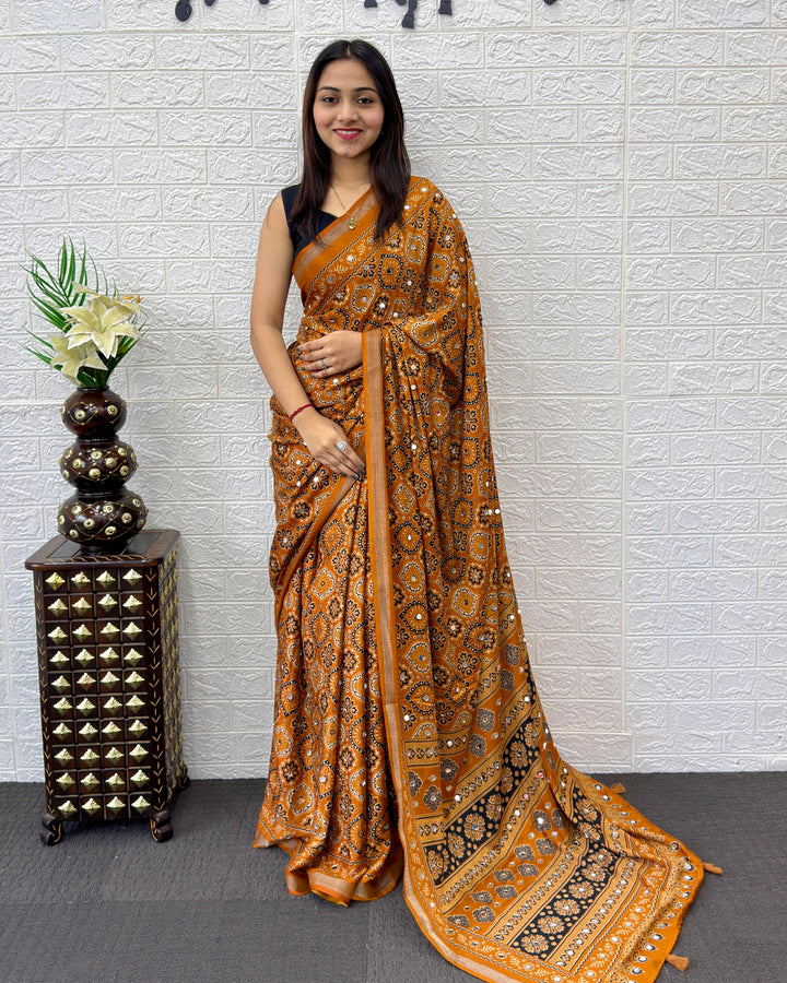 Mustard Orange Modal Silk Saree with Traditional Ajrakh Print &amp; Designer Pallu | Ethnic, Festive &amp; Cultural Wear Saree