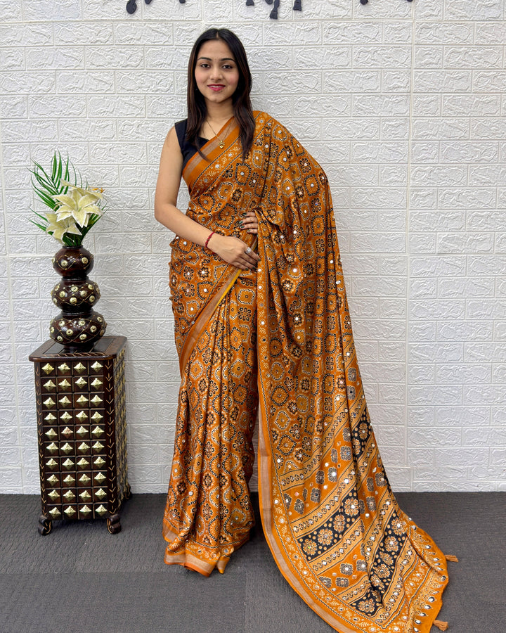 Mustard Orange Modal Silk Saree with Traditional Ajrakh Print &amp; Designer Pallu | Ethnic, Festive &amp; Cultural Wear Saree