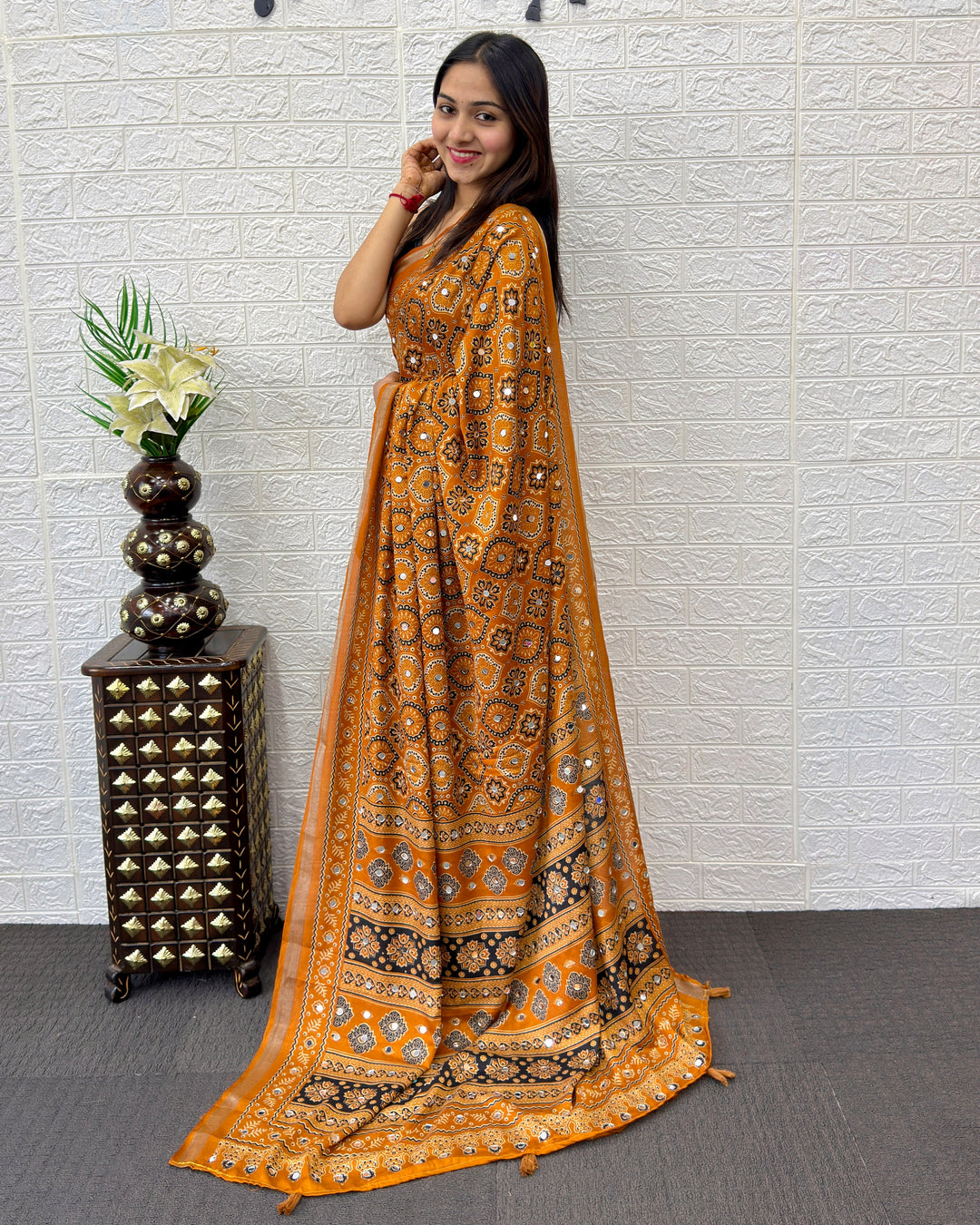 Mustard Orange Modal Silk Saree with Traditional Ajrakh Print &amp; Designer Pallu | Ethnic, Festive &amp; Cultural Wear Saree