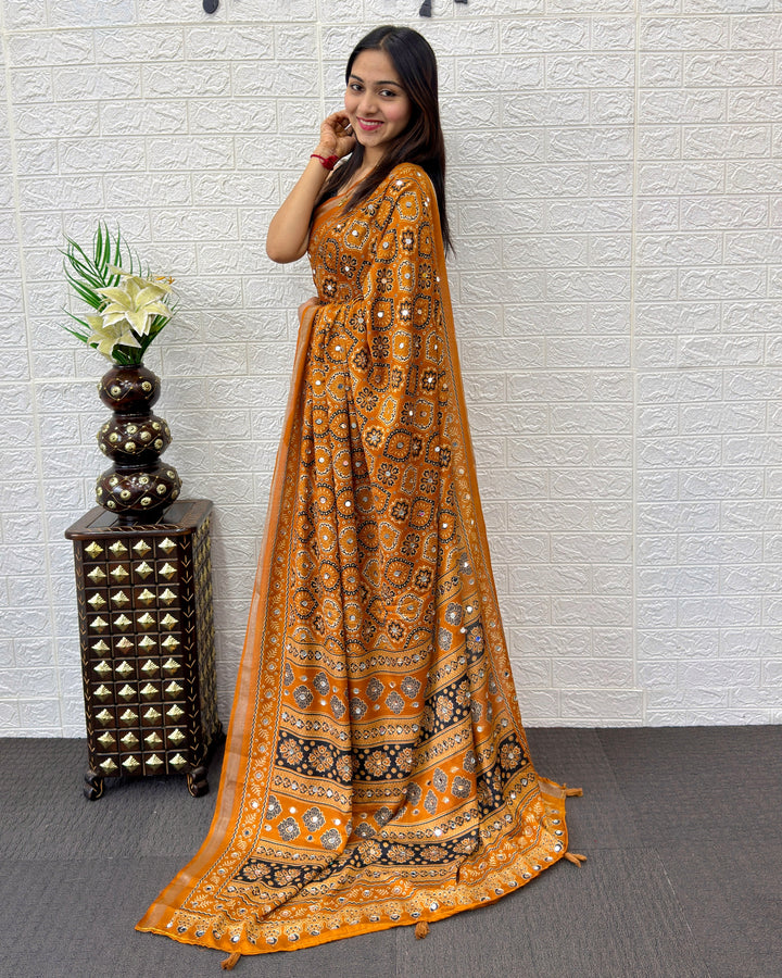 Mustard Orange Modal Silk Saree with Traditional Ajrakh Print &amp; Designer Pallu | Ethnic, Festive &amp; Cultural Wear Saree