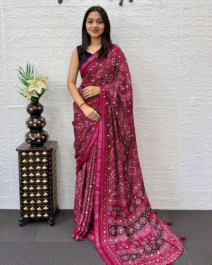 Rani Pink Modal Silk Saree with Traditional Ajrakh Print &amp; Designer Pallu | Festive &amp; Ethnic Wear Saree