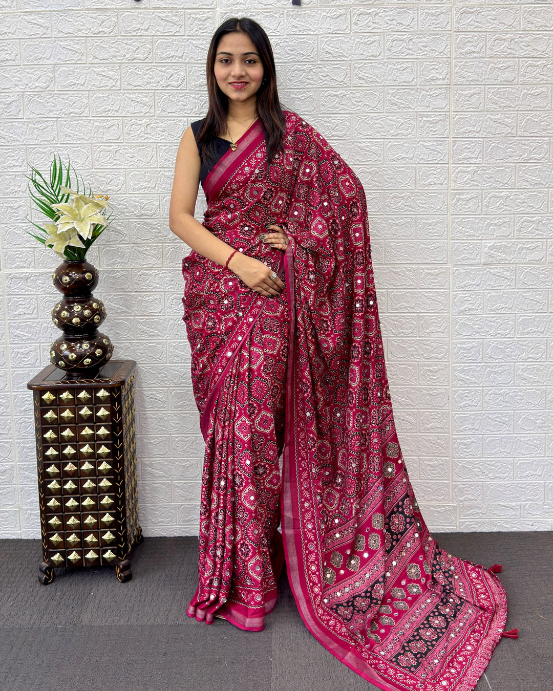 Rani Pink Modal Silk Saree with Traditional Ajrakh Print &amp; Designer Pallu | Festive &amp; Ethnic Wear Saree