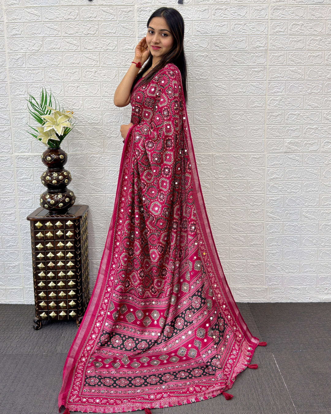 Rani Pink Modal Silk Saree with Traditional Ajrakh Print &amp; Designer Pallu | Festive &amp; Ethnic Wear Saree