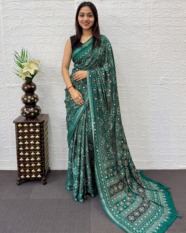 Emerald Green Modal Silk Saree with Traditional Ajrakh Print &amp; Designer Pallu | Festive &amp; Ethnic Wear Saree