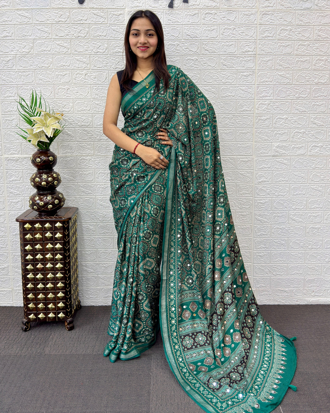 Emerald Green Modal Silk Saree with Traditional Ajrakh Print &amp; Designer Pallu | Festive &amp; Ethnic Wear Saree