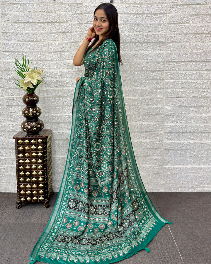 Emerald Green Modal Silk Saree with Traditional Ajrakh Print &amp; Designer Pallu | Festive &amp; Ethnic Wear Saree