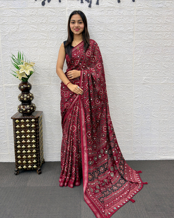 Wine Maroon Modal Silk Saree with Traditional Ajrakh Print &amp; Designer Pallu | Festive Ethnic Wear Saree