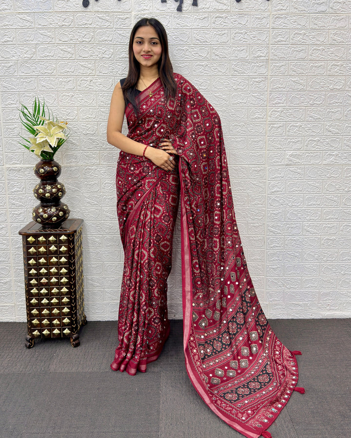 Wine Maroon Modal Silk Saree with Traditional Ajrakh Print &amp; Designer Pallu | Festive Ethnic Wear Saree