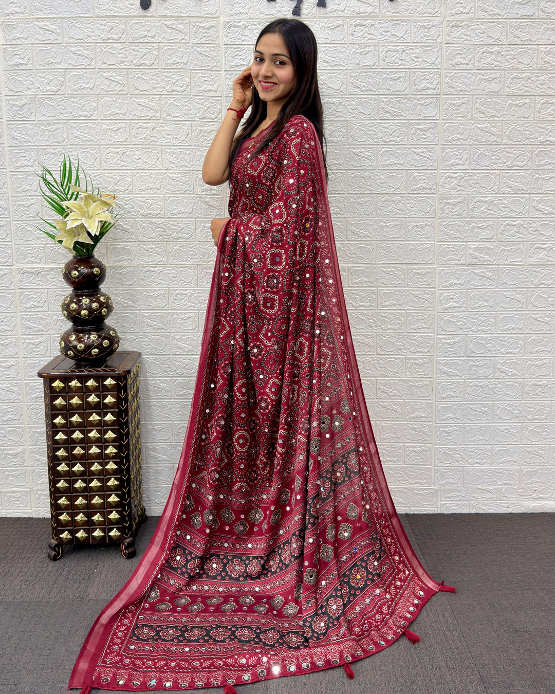 Wine Maroon Modal Silk Saree with Traditional Ajrakh Print &amp; Designer Pallu | Festive Ethnic Wear Saree