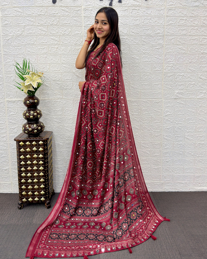 Wine Maroon Modal Silk Saree with Traditional Ajrakh Print &amp; Designer Pallu | Festive Ethnic Wear Saree