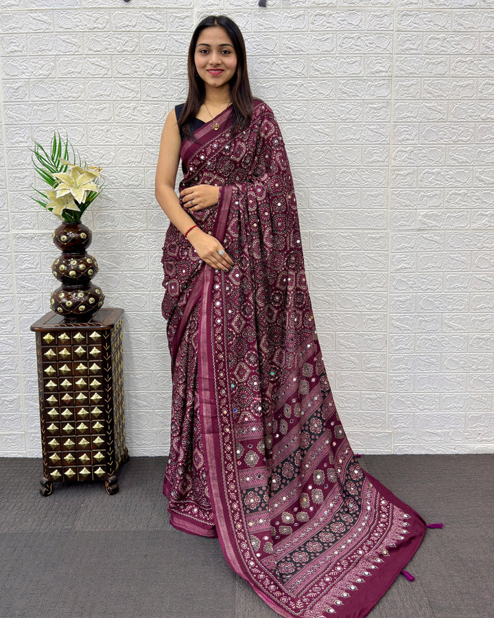 Plum Purple Modal Silk Saree with Traditional Ajrakh Print &amp; Mirror Work | Ethnic Festive Wear Saree