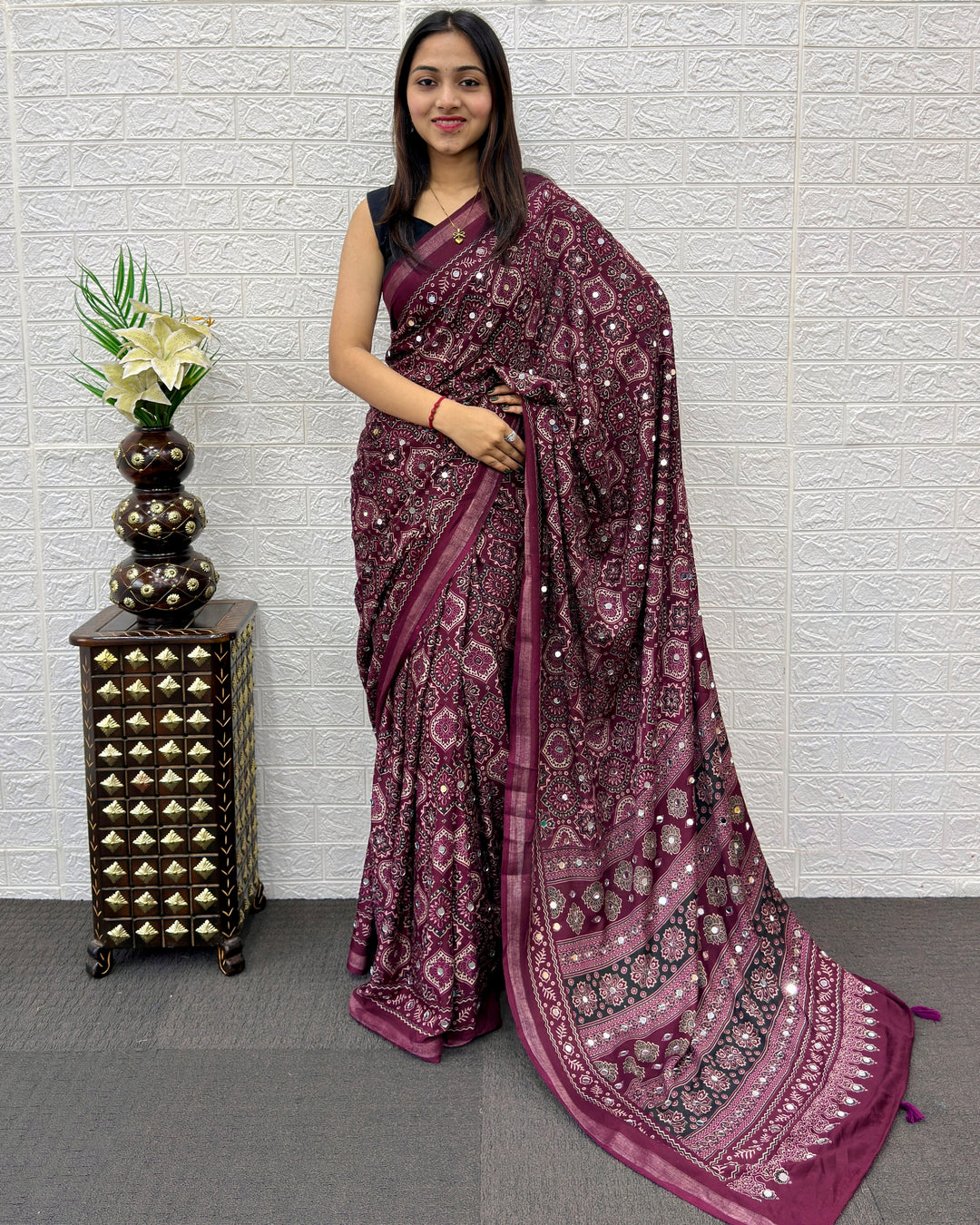 Plum Purple Modal Silk Saree with Traditional Ajrakh Print &amp; Mirror Work | Ethnic Festive Wear Saree